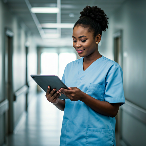 Ghanaian nurse using a tablet in a hospital corridor